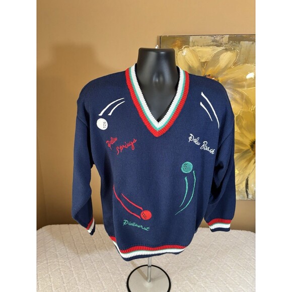 Vintage Quantum Sportswear Golf Themed Embroidered Striped Sweater Men’s Size L - Picture 3 of 16
